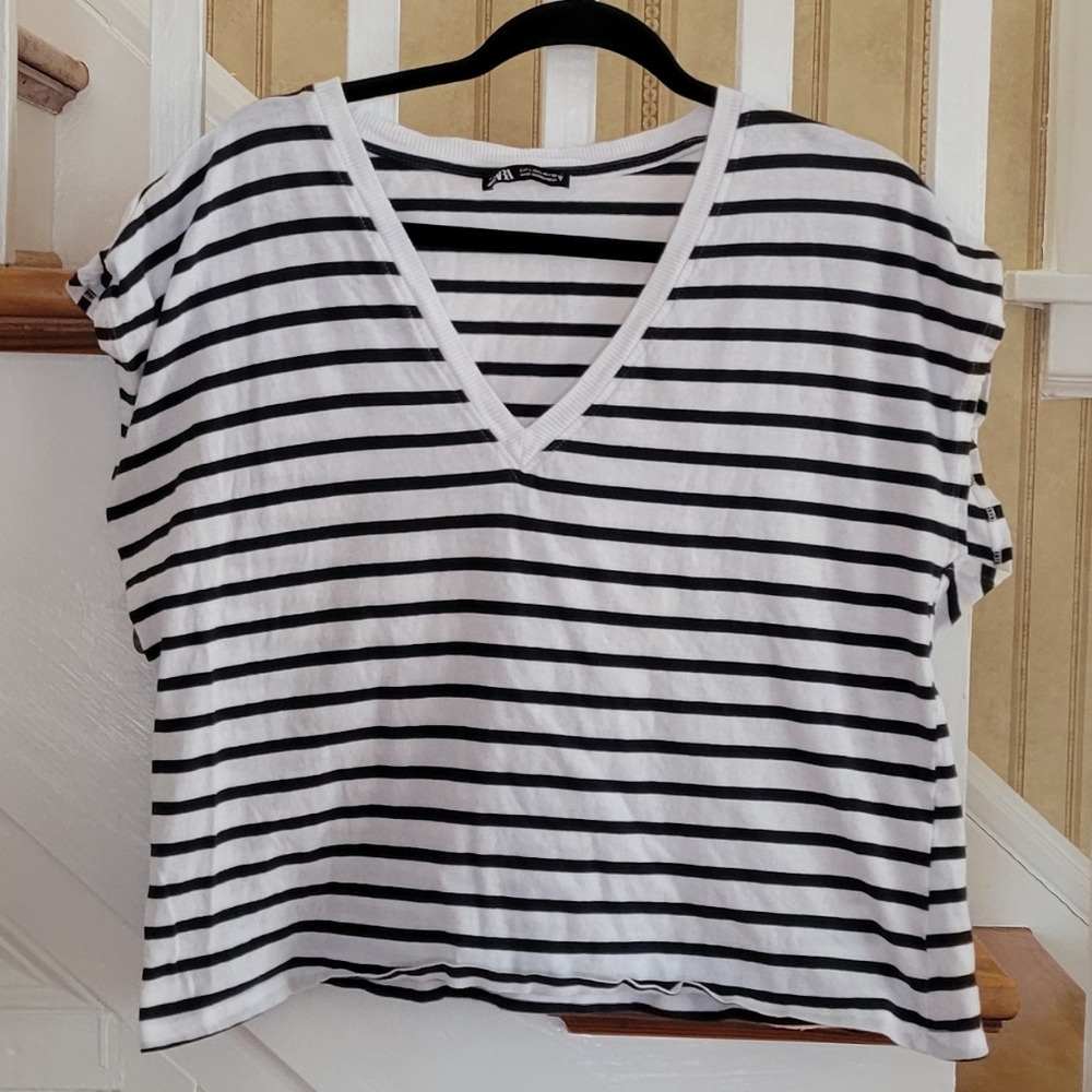 ZARA Striped V-Neck Crop Top Size Large
